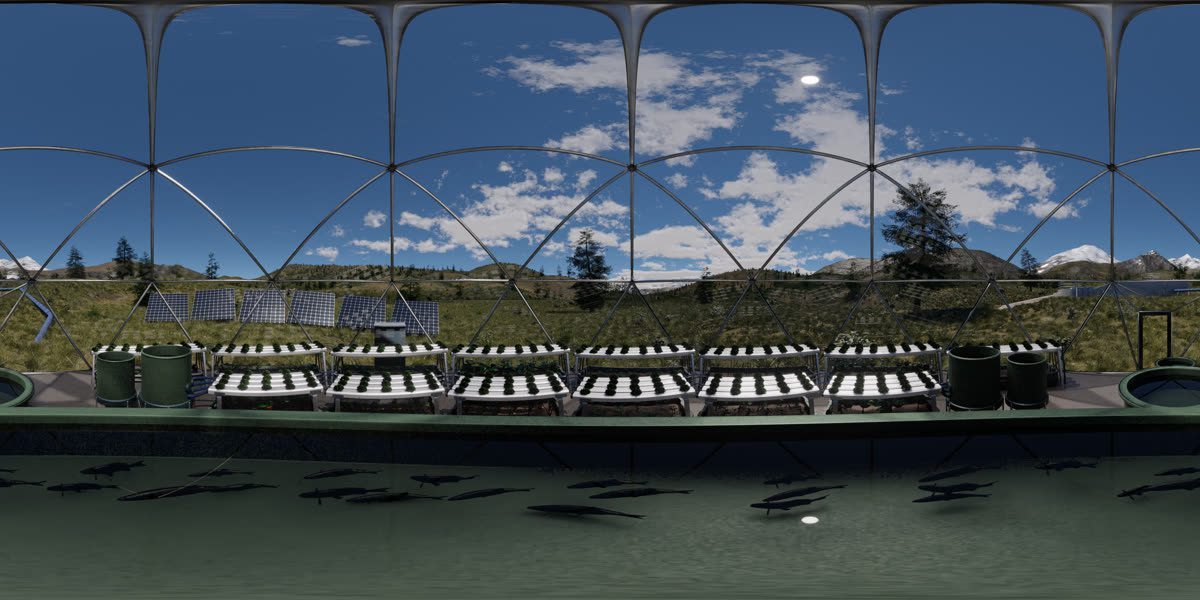 360°-Ansicht aus dem Inneren der Aquaponik-Kuppel